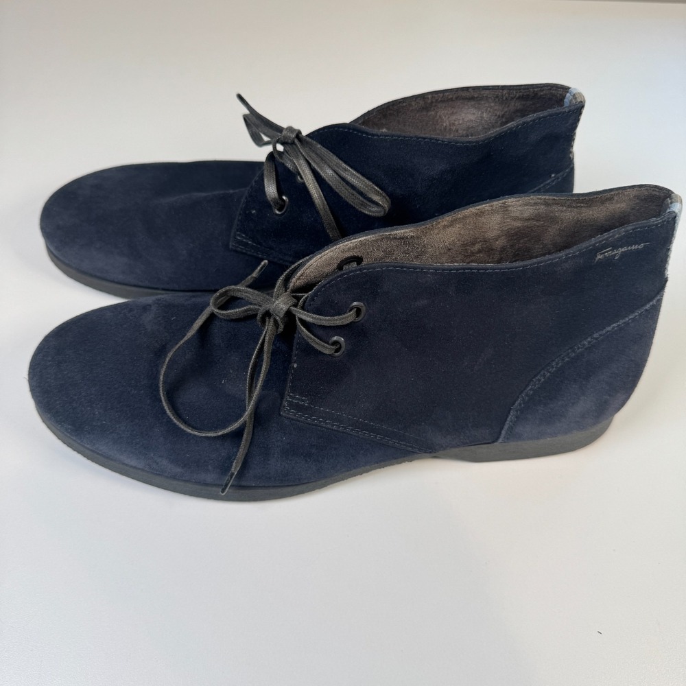 Salvatore Ferragamo World Metro Navy Blue Suede Chukka Boots Men Size US 9 34052